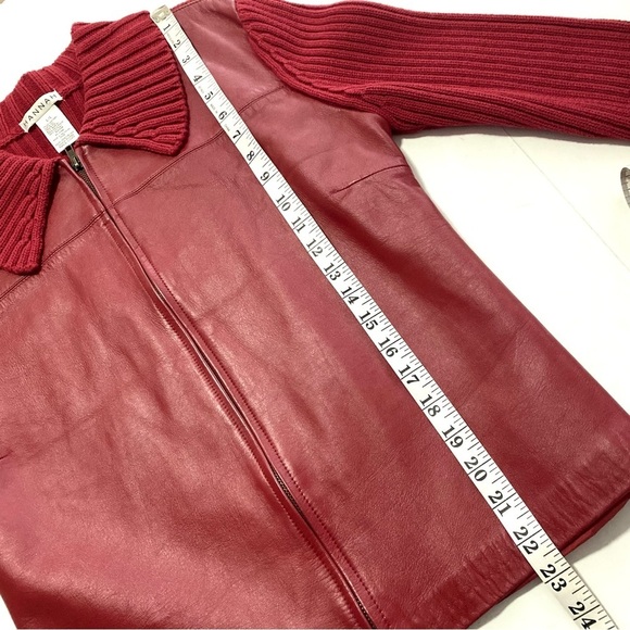 Red Leather Front Cotton Knit Sweater Back Large - Picture 13 of 14